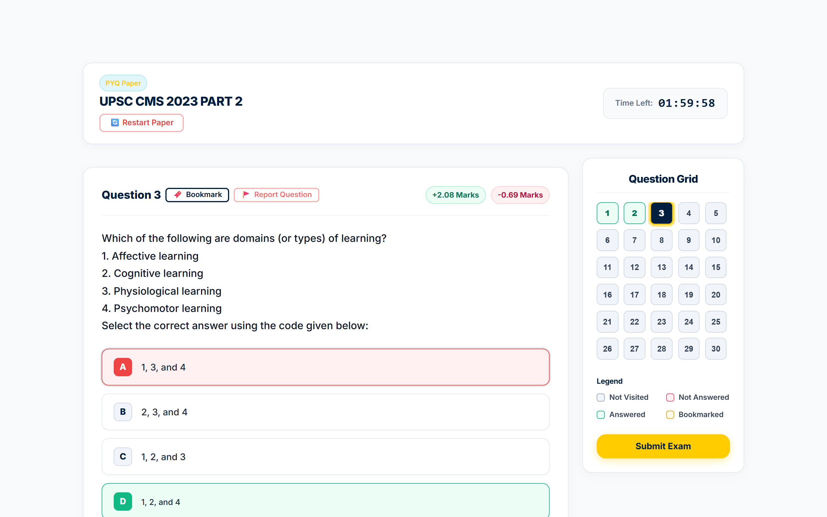 MedQprep Real-Time UPSC CMS CBT Mock Test Simulator UI