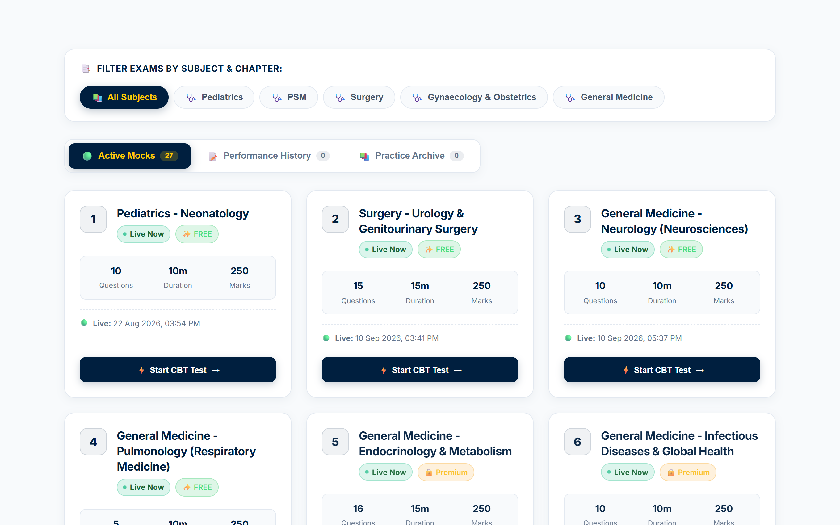 MedQprep Grand Mock Test Series Portal Dashboard